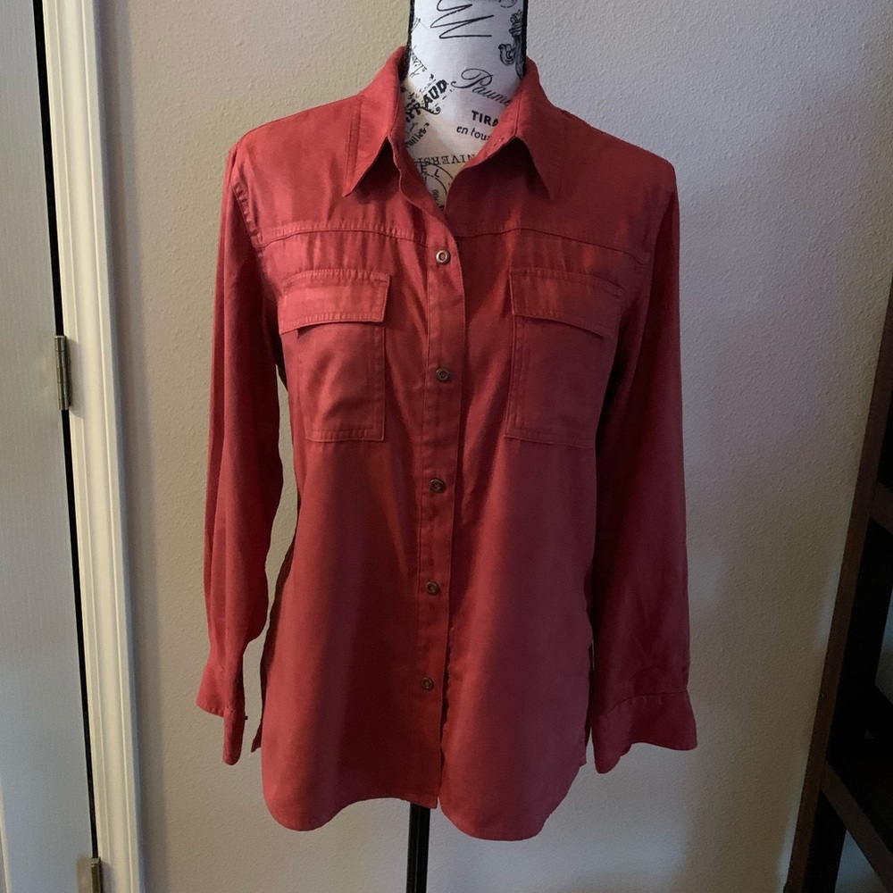 Chico’s rust colored blouse with snaps.